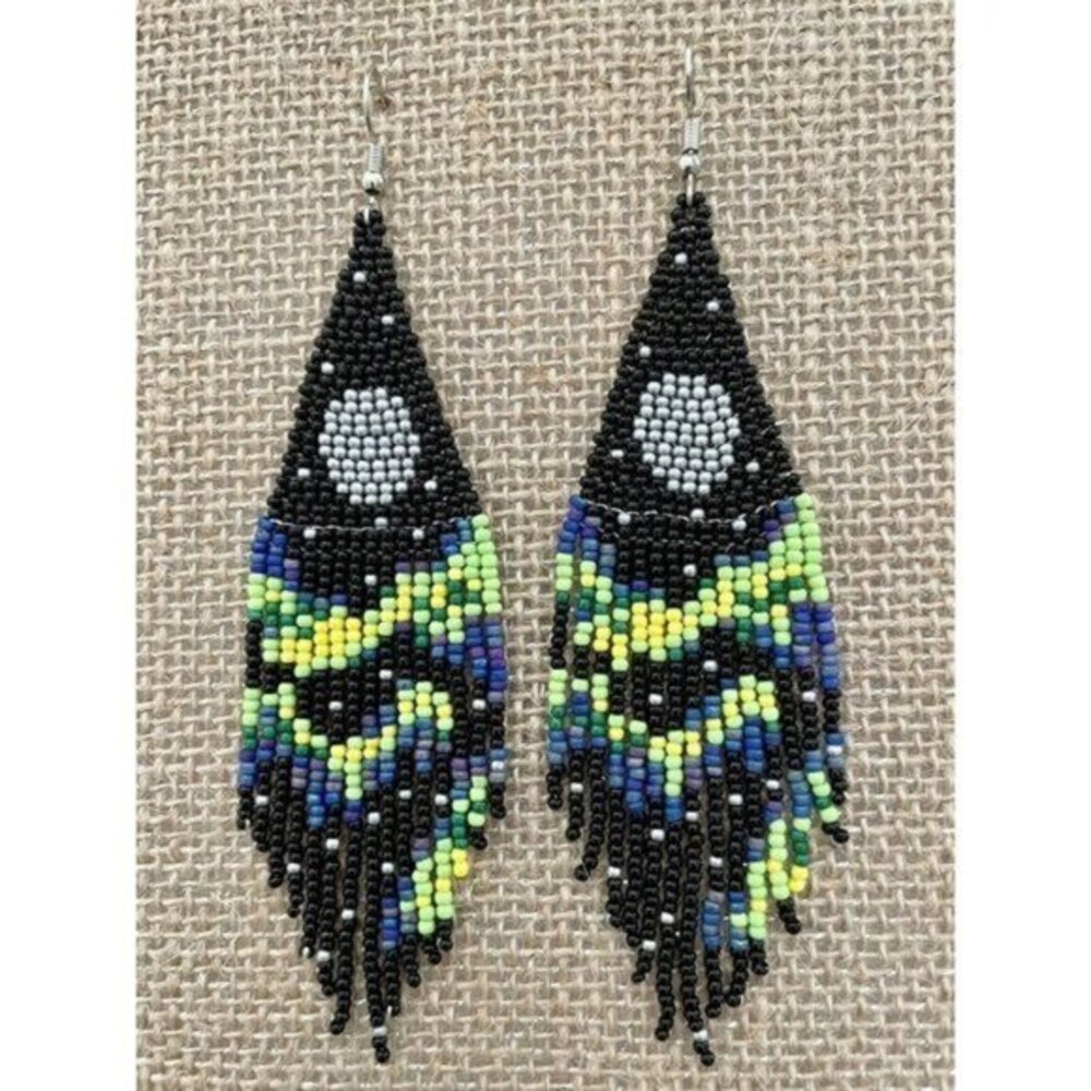 Handmade Miyuki Seed-Bead Fringe Dangling Earrings Full Moon Northern Lights NWT